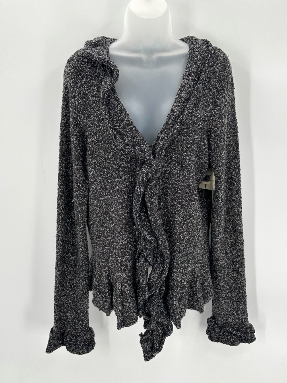 Madison Cardigan Ruffle Front Sweater Womens L Black Gray Marled 2-hook Unworn